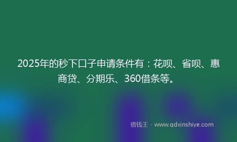 2025年的秒下口子申请条件有：花呗、省呗、惠商贷、分期乐、360借条等。