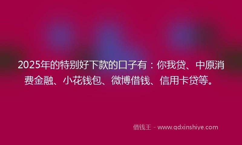 2025年的特别好下款的口子有：你我贷、中原消费金融、小花钱包、微博借钱、信用卡贷等。