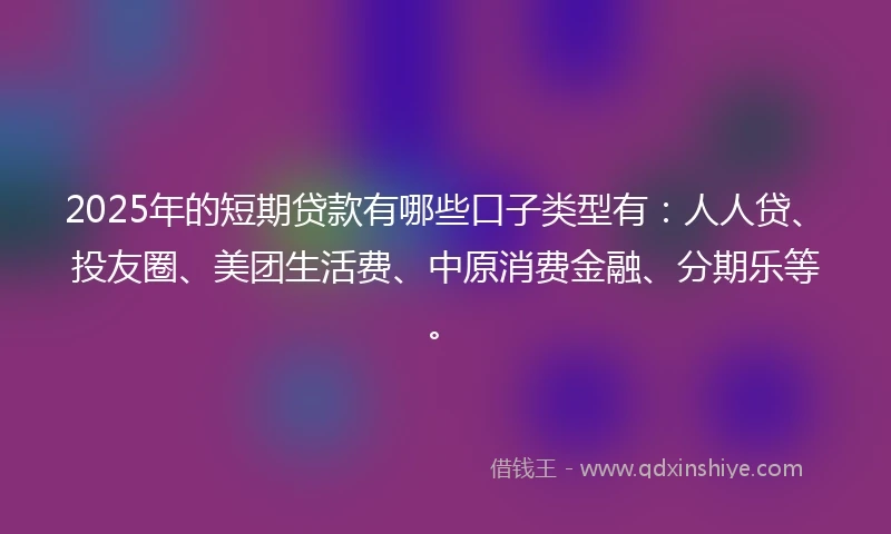 2025年的短期贷款有哪些口子类型有：人人贷、投友圈、美团生活费、中原消费金融、分期乐等。