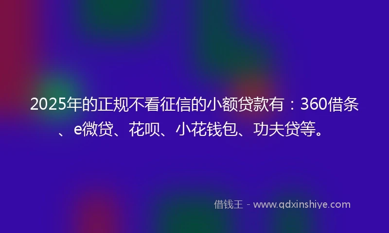 2025年的正规不看征信的小额贷款有：360借条、e微贷、花呗、小花钱包、功夫贷等。
