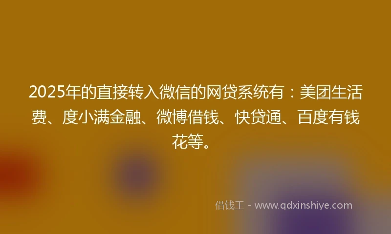 2025年的直接转入微信的网贷系统有：美团生活费、度小满金融、微博借钱、快贷通、百度有钱花等。