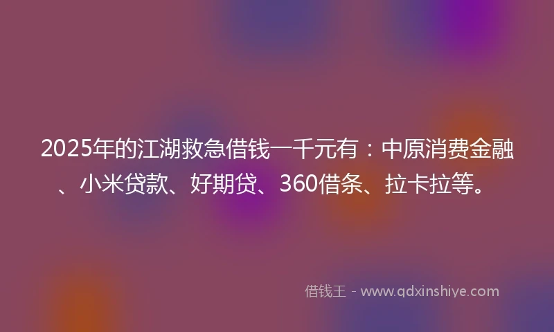 2025年的江湖救急借钱一千元有：中原消费金融、小米贷款、好期贷、360借条、拉卡拉等。