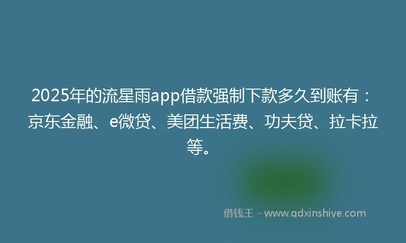 2025年的流星雨app借款强制下款多久到账有：京东金融、e微贷、美团生活费、功夫贷、拉卡拉等。