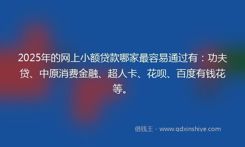 2025年的网上小额贷款哪家最容易通过有：功夫贷、中原消费金融、超人卡、花呗、百度有钱花等。