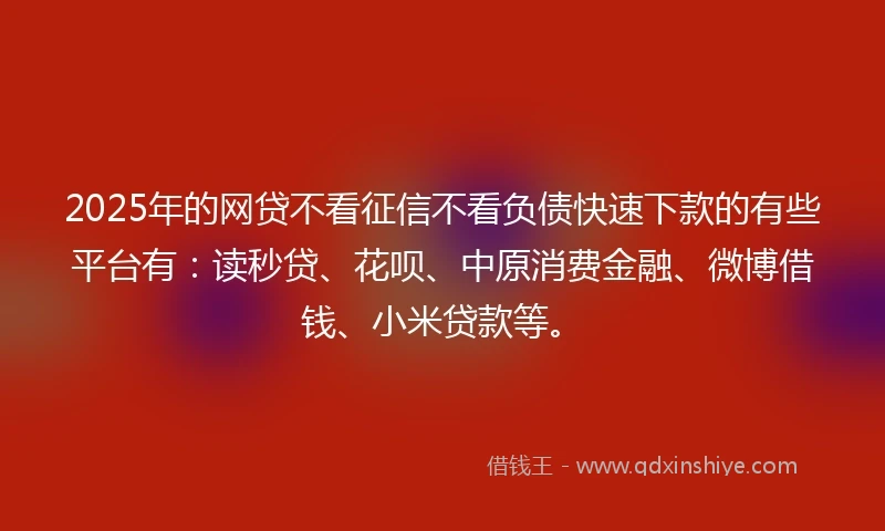 2025年的网贷不看征信不看负债快速下款的有些平台有：读秒贷、花呗、中原消费金融、微博借钱、小米贷款等。