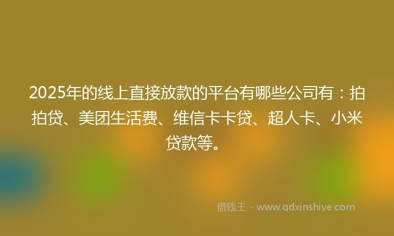 2025年的线上直接放款的平台有哪些公司有：拍拍贷、美团生活费、维信卡卡贷、超人卡、小米贷款等。