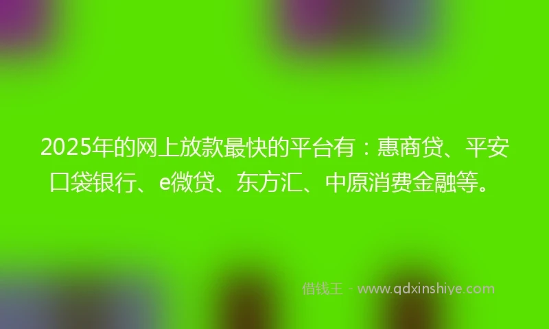 2025年的网上放款最快的平台有：惠商贷、平安口袋银行、e微贷、东方汇、中原消费金融等。