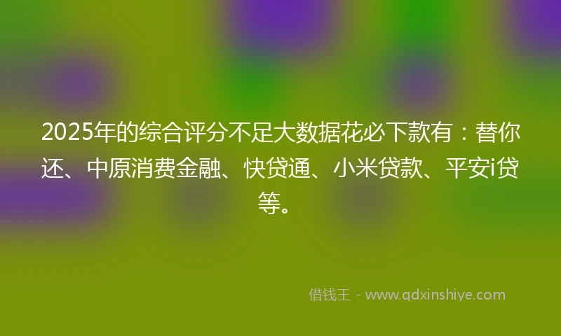 2025年的综合评分不足大数据花必下款有：替你还、中原消费金融、快贷通、小米贷款、平安i贷等。