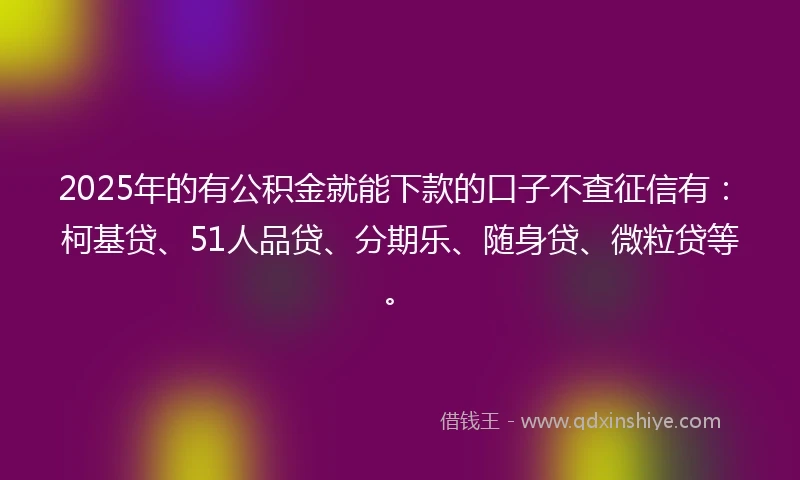 2025年的有公积金就能下款的口子不查征信有：柯基贷、51人品贷、分期乐、随身贷、微粒贷等。