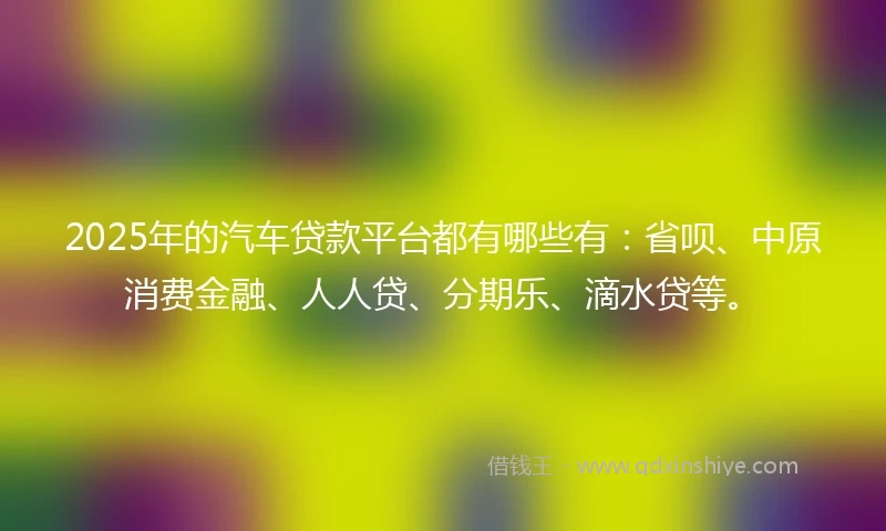 2025年的汽车贷款平台都有哪些有：省呗、中原消费金融、人人贷、分期乐、滴水贷等。