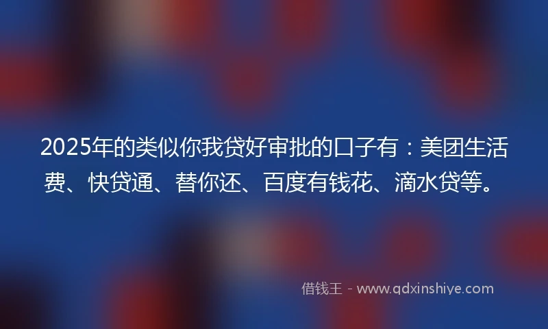 2025年的类似你我贷好审批的口子有：美团生活费、快贷通、替你还、百度有钱花、滴水贷等。