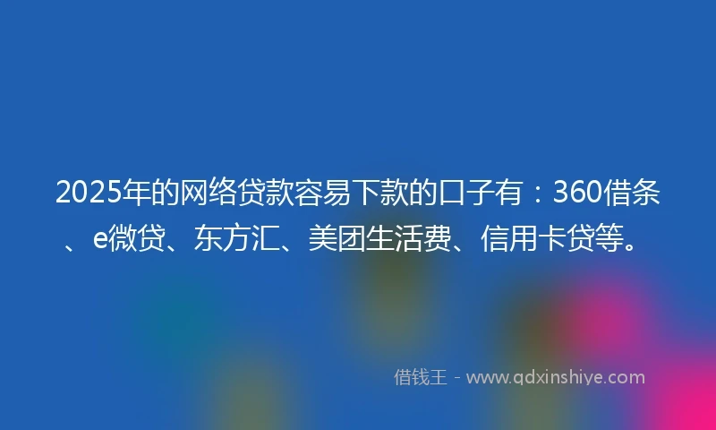 2025年的网络贷款容易下款的口子有：360借条、e微贷、东方汇、美团生活费、信用卡贷等。