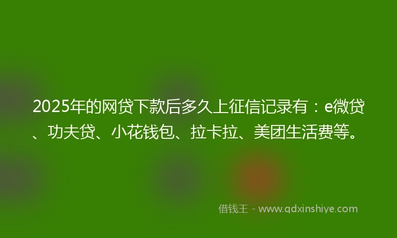 2025年的网贷下款后多久上征信记录有：e微贷、功夫贷、小花钱包、拉卡拉、美团生活费等。