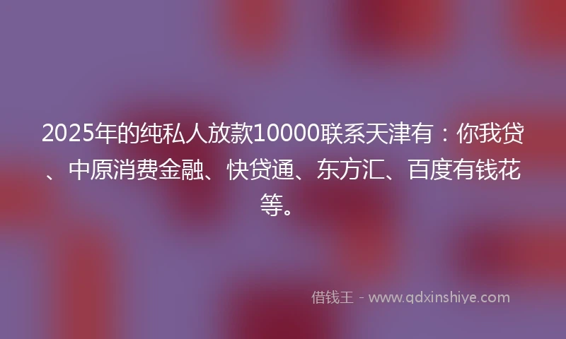 2025年的纯私人放款10000联系天津有：你我贷、中原消费金融、快贷通、东方汇、百度有钱花等。