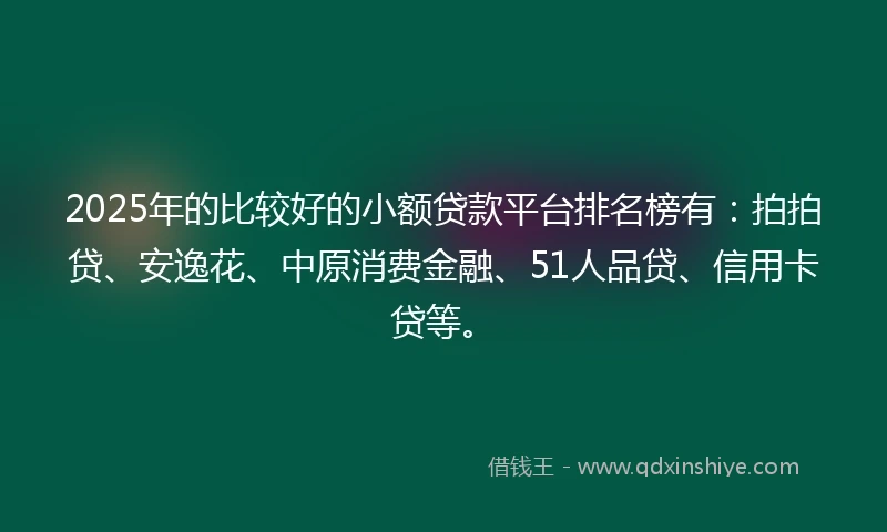 2025年的比较好的小额贷款平台排名榜有：拍拍贷、安逸花、中原消费金融、51人品贷、信用卡贷等。