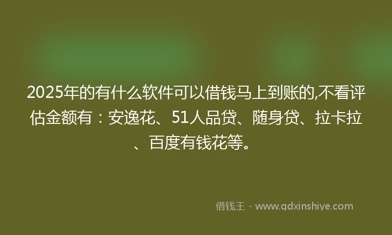 2025年的有什么软件可以借钱马上到账的,不看评估金额有：安逸花、51人品贷、随身贷、拉卡拉、百度有钱花等。