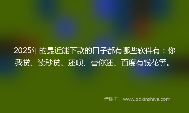 2025年的最近能下款的口子都有哪些软件有：你我贷、读秒贷、还呗、替你还、百度有钱花等。