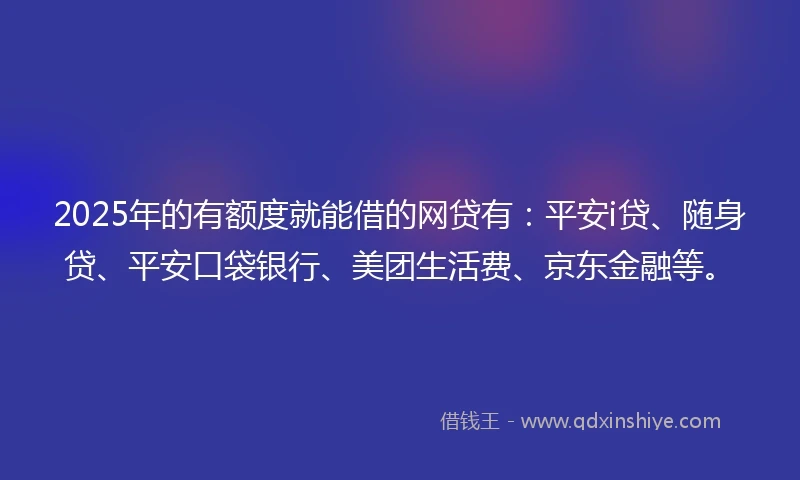 2025年的有额度就能借的网贷有：平安i贷、随身贷、平安口袋银行、美团生活费、京东金融等。