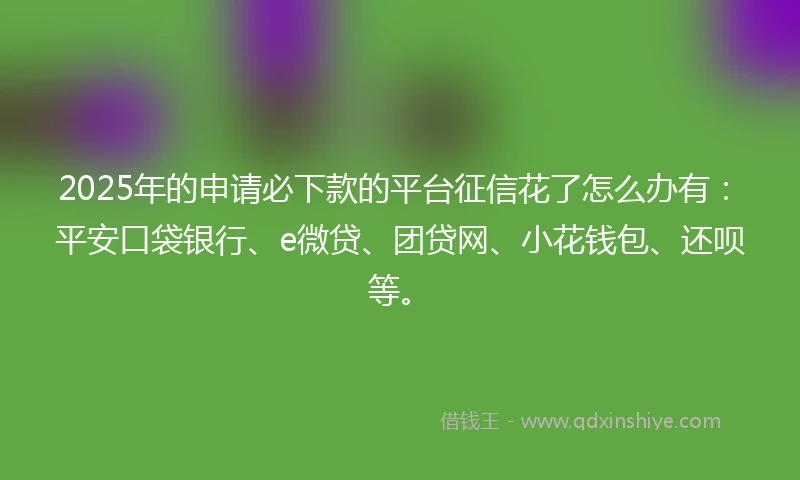 2025年的申请必下款的平台征信花了怎么办有：平安口袋银行、e微贷、团贷网、小花钱包、还呗等。