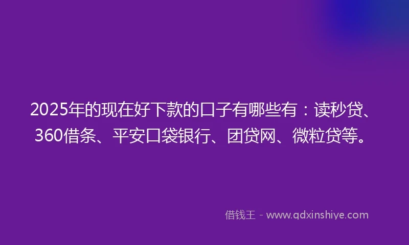 2025年的现在好下款的口子有哪些有：读秒贷、360借条、平安口袋银行、团贷网、微粒贷等。