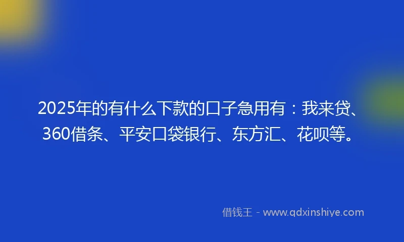 2025年的有什么下款的口子急用有：我来贷、360借条、平安口袋银行、东方汇、花呗等。