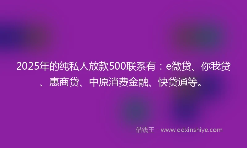 2025年的纯私人放款500联系有：e微贷、你我贷、惠商贷、中原消费金融、快贷通等。