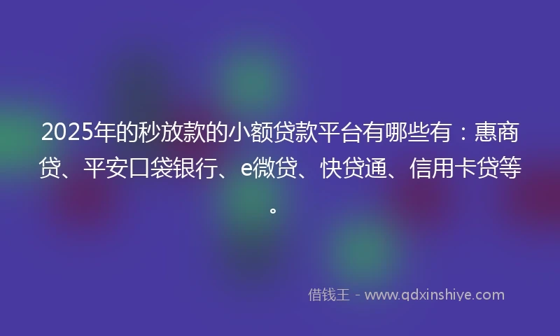 2025年的秒放款的小额贷款平台有哪些有：惠商贷、平安口袋银行、e微贷、快贷通、信用卡贷等。