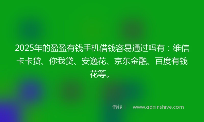 2025年的盈盈有钱手机借钱容易通过吗有：维信卡卡贷、你我贷、安逸花、京东金融、百度有钱花等。