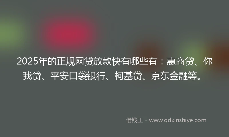 2025年的正规网贷放款快有哪些有：惠商贷、你我贷、平安口袋银行、柯基贷、京东金融等。