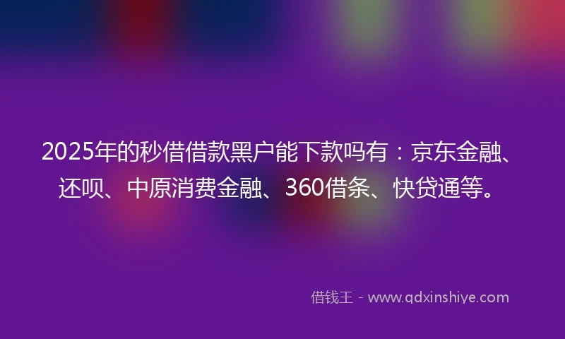 2025年的秒借借款黑户能下款吗有：京东金融、还呗、中原消费金融、360借条、快贷通等。