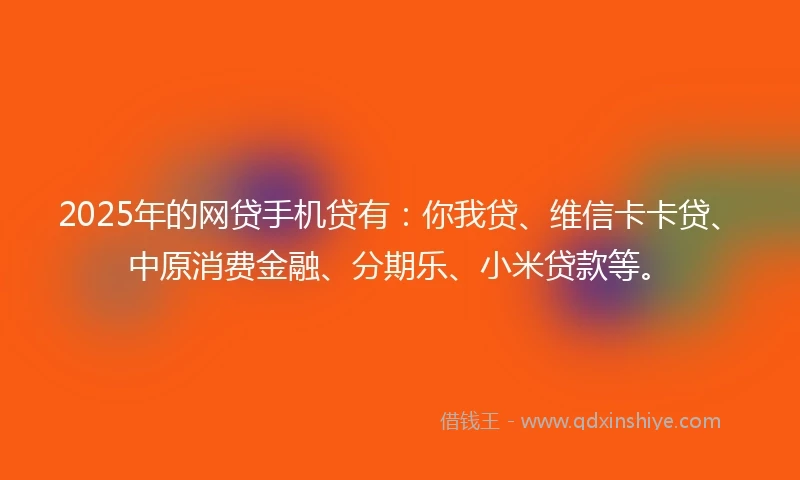 2025年的网贷手机贷有：你我贷、维信卡卡贷、中原消费金融、分期乐、小米贷款等。