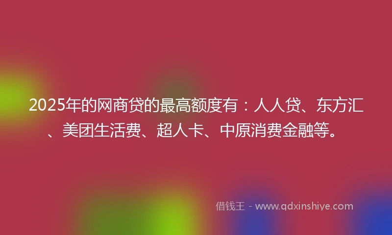2025年的网商贷的最高额度有：人人贷、东方汇、美团生活费、超人卡、中原消费金融等。
