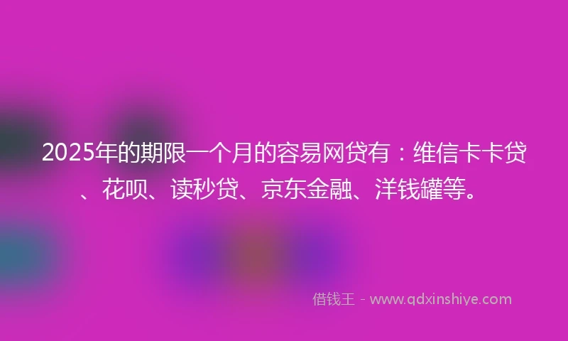 2025年的期限一个月的容易网贷有：维信卡卡贷、花呗、读秒贷、京东金融、洋钱罐等。