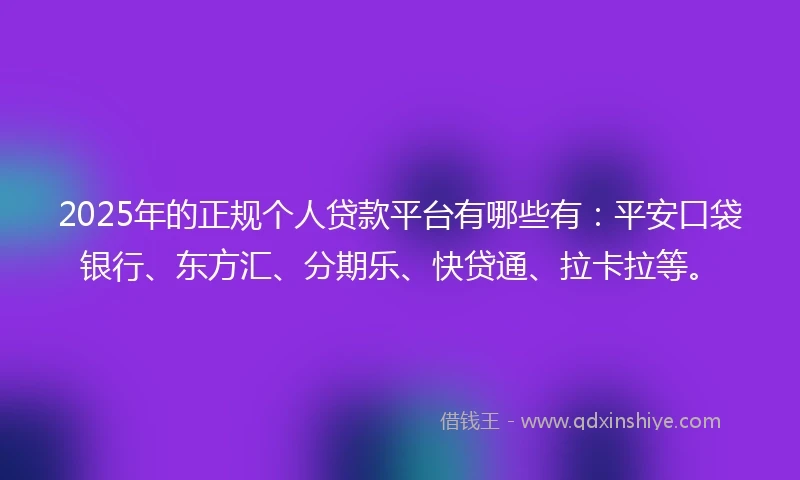 2025年的正规个人贷款平台有哪些有：平安口袋银行、东方汇、分期乐、快贷通、拉卡拉等。