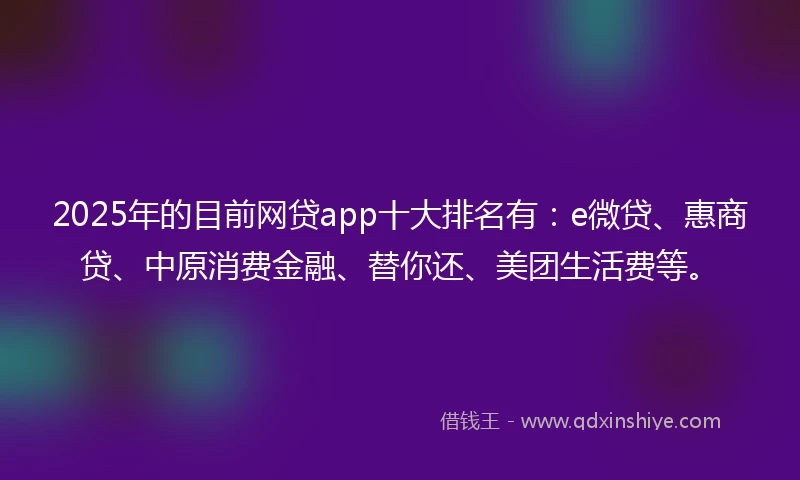 2025年的目前网贷app十大排名有：e微贷、惠商贷、中原消费金融、替你还、美团生活费等。