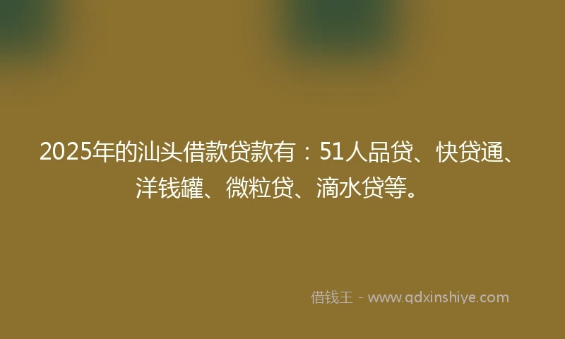 2025年的汕头借款贷款有：51人品贷、快贷通、洋钱罐、微粒贷、滴水贷等。