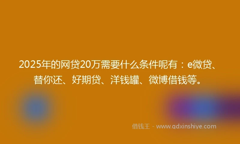 2025年的网贷20万需要什么条件呢有：e微贷、替你还、好期贷、洋钱罐、微博借钱等。