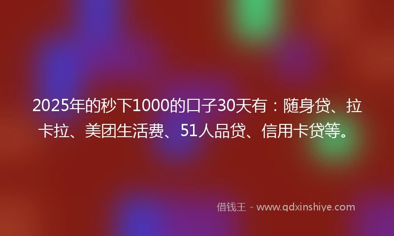 2025年的秒下1000的口子30天有：随身贷、拉卡拉、美团生活费、51人品贷、信用卡贷等。