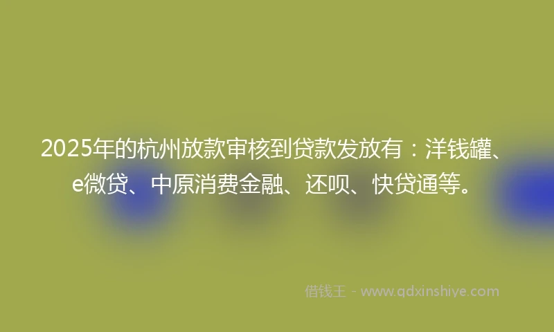 2025年的杭州放款审核到贷款发放有：洋钱罐、e微贷、中原消费金融、还呗、快贷通等。
