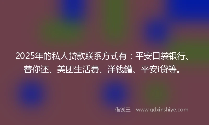 2025年的私人贷款联系方式有：平安口袋银行、替你还、美团生活费、洋钱罐、平安i贷等。