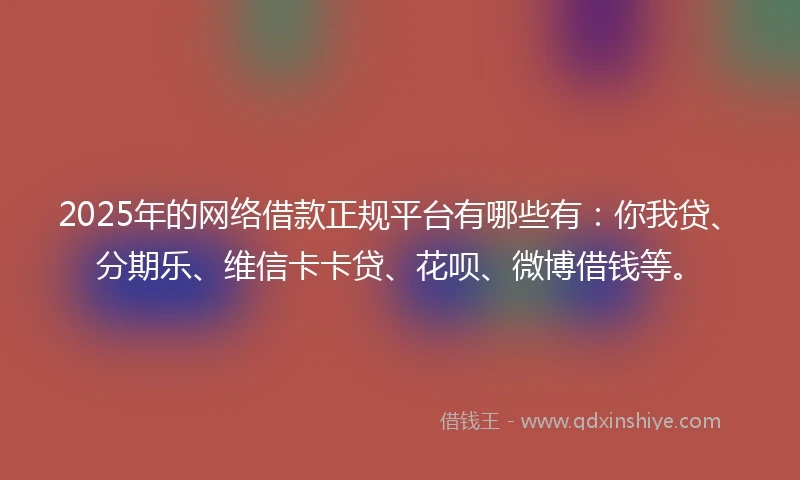 2025年的网络借款正规平台有哪些有：你我贷、分期乐、维信卡卡贷、花呗、微博借钱等。