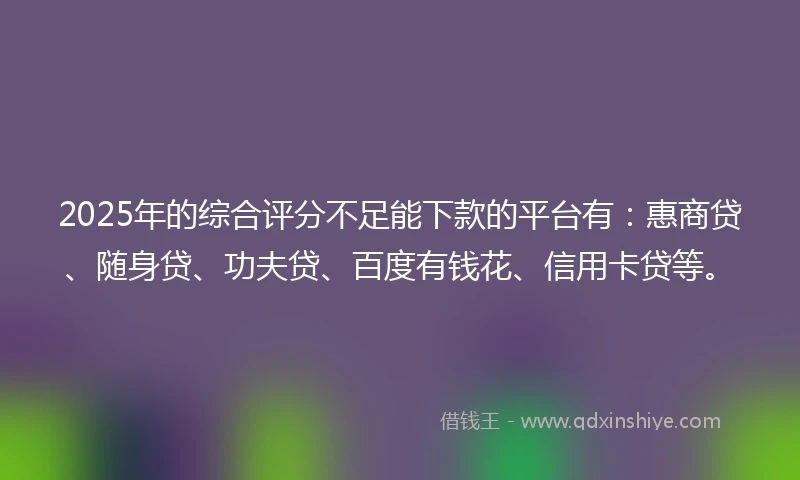 2025年的综合评分不足能下款的平台有：惠商贷、随身贷、功夫贷、百度有钱花、信用卡贷等。