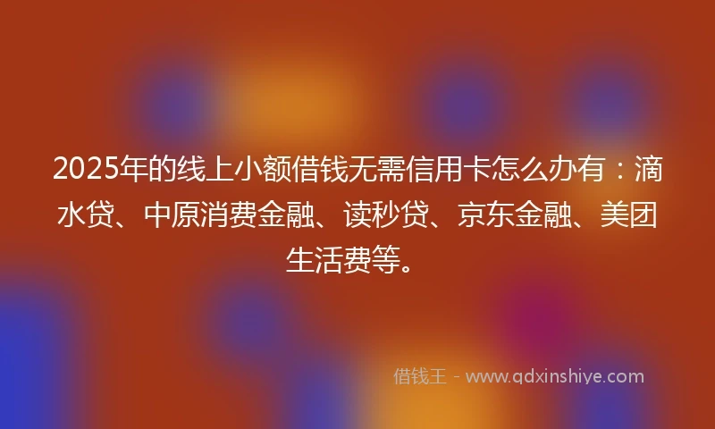 2025年的线上小额借钱无需信用卡怎么办有：滴水贷、中原消费金融、读秒贷、京东金融、美团生活费等。