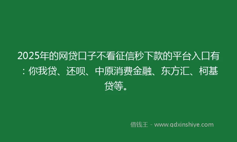 2025年的网贷口子不看征信秒下款的平台入口有：你我贷、还呗、中原消费金融、东方汇、柯基贷等。