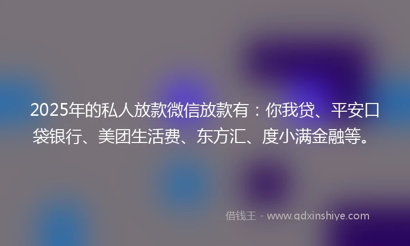 2025年的私人放款微信放款有：你我贷、平安口袋银行、美团生活费、东方汇、度小满金融等。