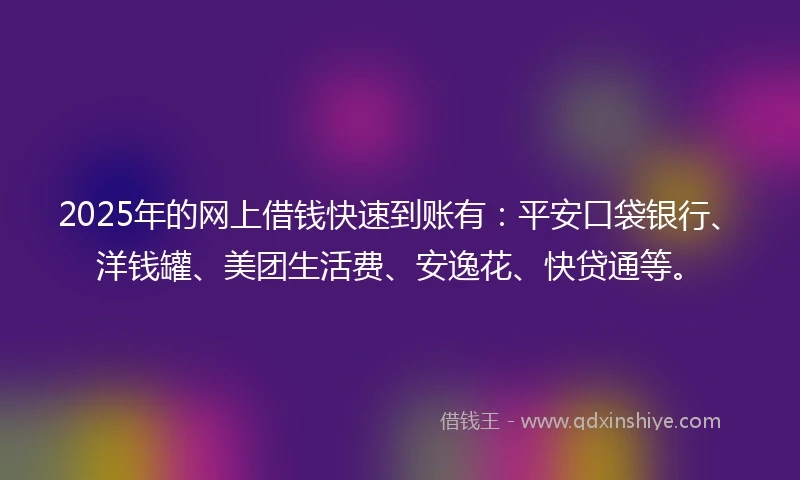 2025年的网上借钱快速到账有:平安口袋银行、洋钱罐、美团生活费、安逸花、快贷通等。
