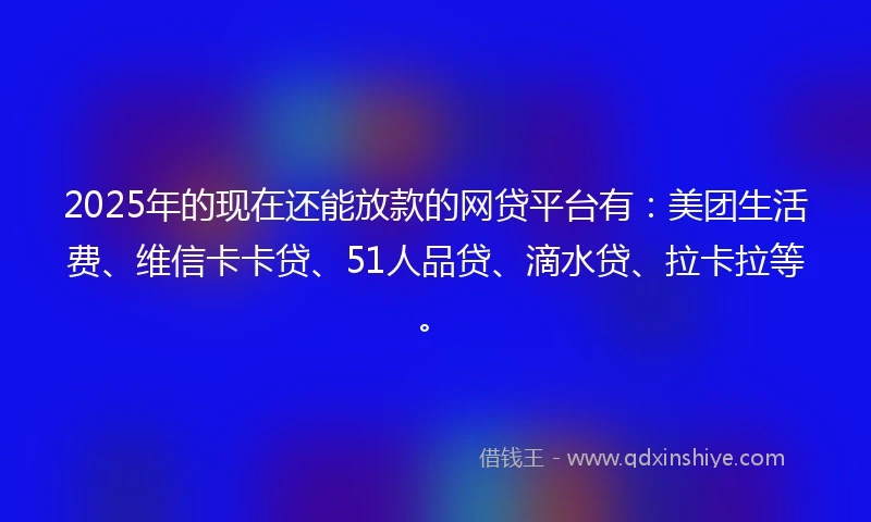 2025年的现在还能放款的网贷平台有：美团生活费、维信卡卡贷、51人品贷、滴水贷、拉卡拉等。