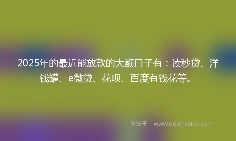 2025年的最近能放款的大额口子有：读秒贷、洋钱罐、e微贷、花呗、百度有钱花等。
