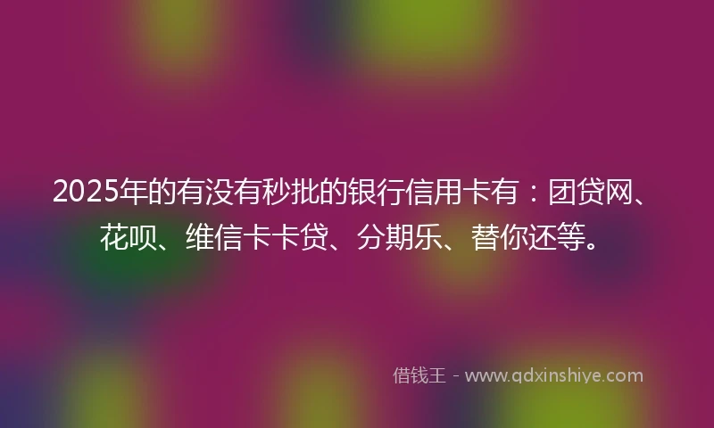 2025年的有没有秒批的银行信用卡有：团贷网、花呗、维信卡卡贷、分期乐、替你还等。