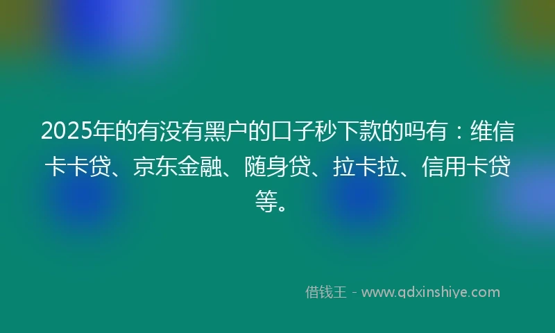 2025年的有没有黑户的口子秒下款的吗有：维信卡卡贷、京东金融、随身贷、拉卡拉、信用卡贷等。